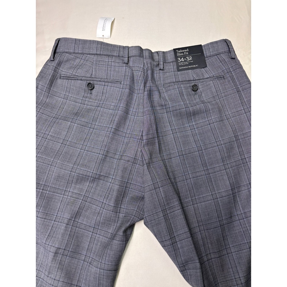 NWT Banana Republic Tailored Slim Fit Plaid‎ Wool Blend Dress Pants 34x32 Gray - Picture 9 of 15
